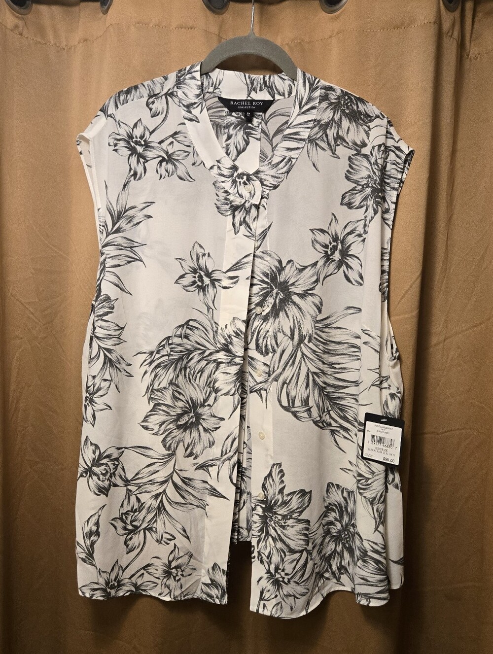 RACHEL Rachel Roy Black and White Floral Sleeveless Button Shirt 2x